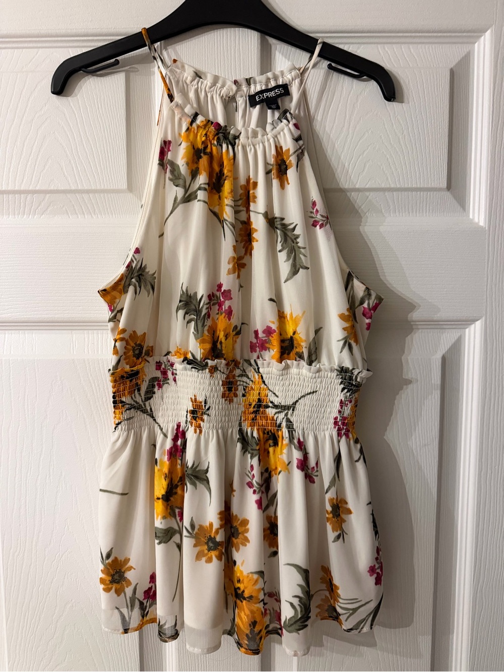 Express Cream Halter Mini Dress with Yellow & Pink Floral Print